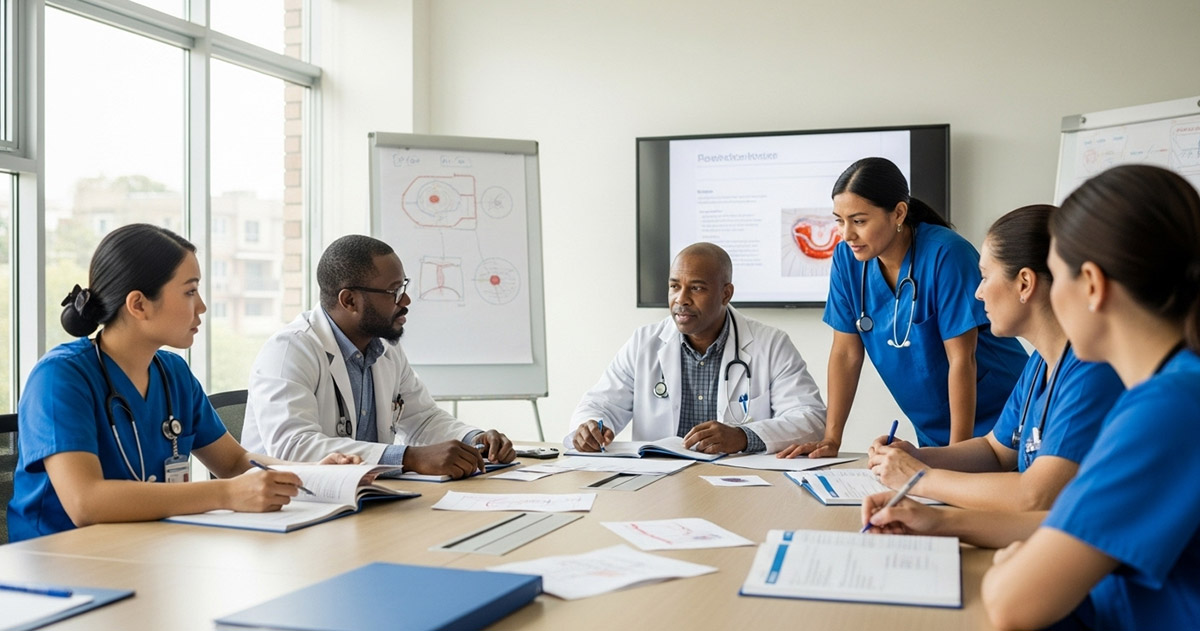 Multicultural medical staff at a conference table discussing inclusive care strategies