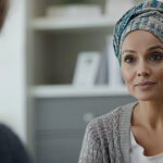 Female leukemia patient with a headwrap seated across from a financial counselor