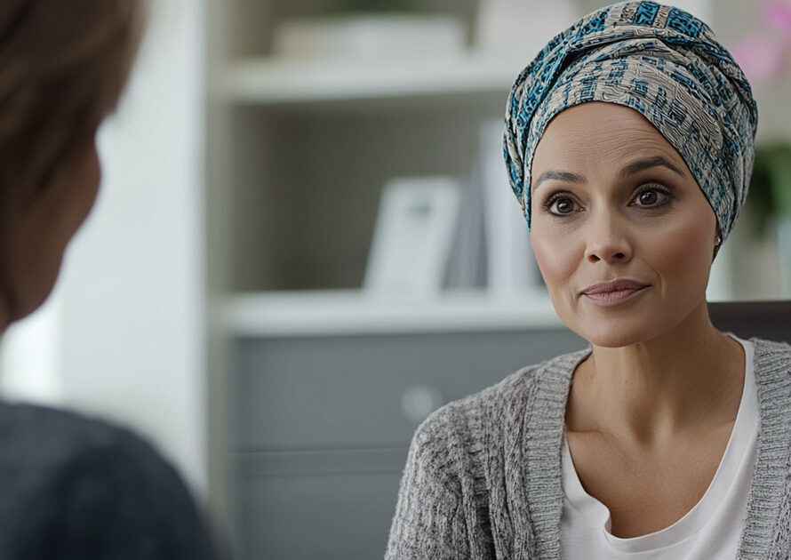 Female leukemia patient with a headwrap seated across from a financial counselor