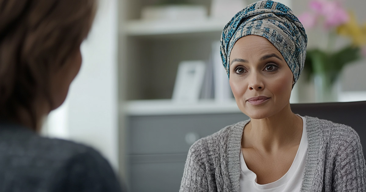 Female leukemia patient with a headwrap seated across from a financial counselor