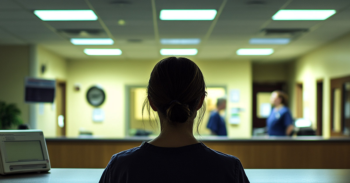 Back view of patient at hospital check-in area with staff working behind desk