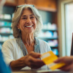 Senior patient getting prescription bottle from pharmacist at drugstore