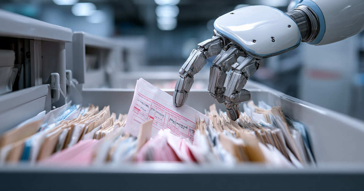 Robot handling medical records symbolizing AI in hospital revenue cycle operations