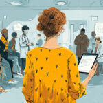 Hospital waiting room showing diverse group of patients and healthcare workers