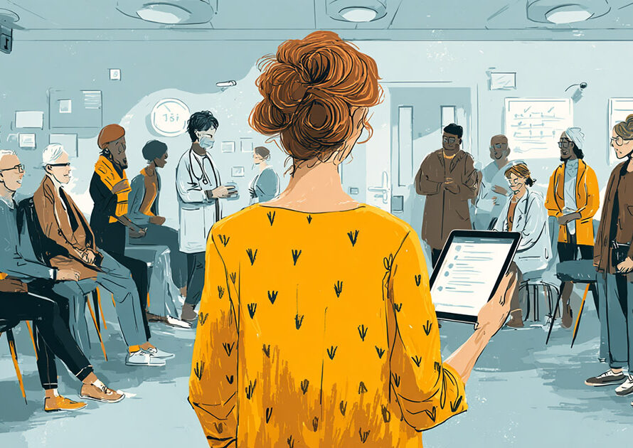 Hospital waiting room showing diverse group of patients and healthcare workers