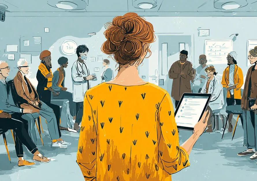 Hospital waiting room showing diverse group of patients and healthcare workers