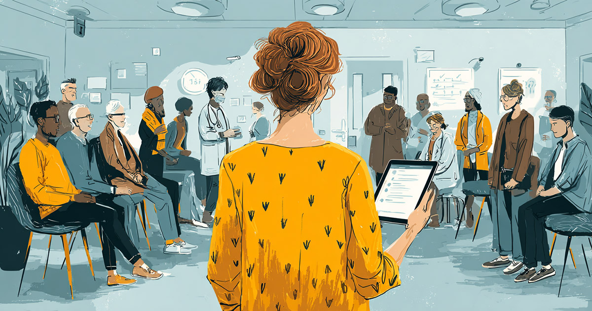 Hospital waiting room showing diverse group of patients and healthcare workers
