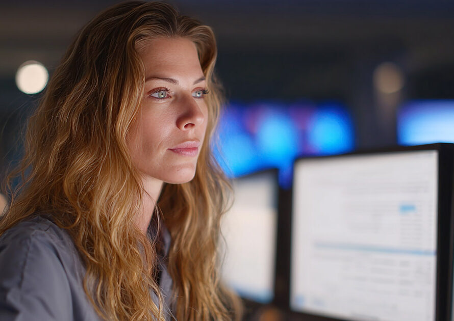 Hospital administrator analyzing healthcare revenue cycle analytics on multiple monitors