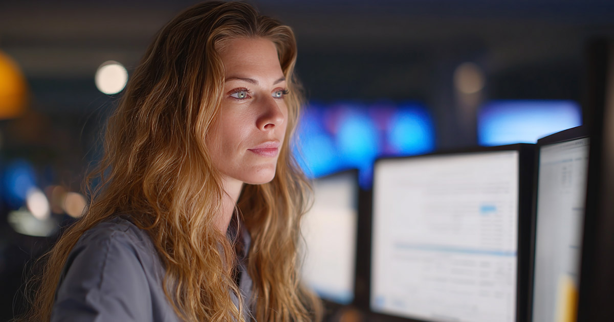 Hospital administrator analyzing healthcare revenue cycle analytics on multiple monitors