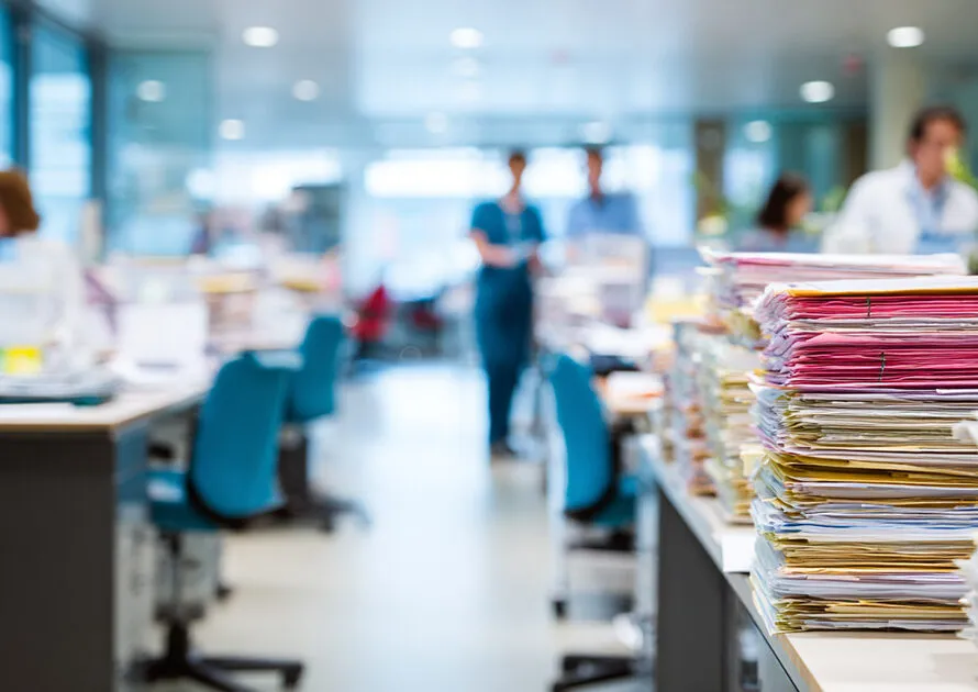 Medical records and paperwork piled on desk in busy hospital office