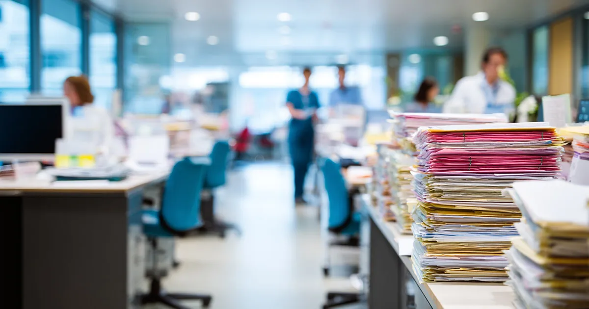 Medical records and paperwork piled on desk in busy hospital office