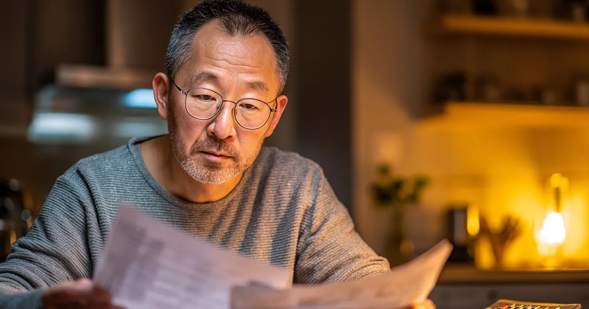 Middle-aged patient with glasses reading hospital bills at home kitchen table