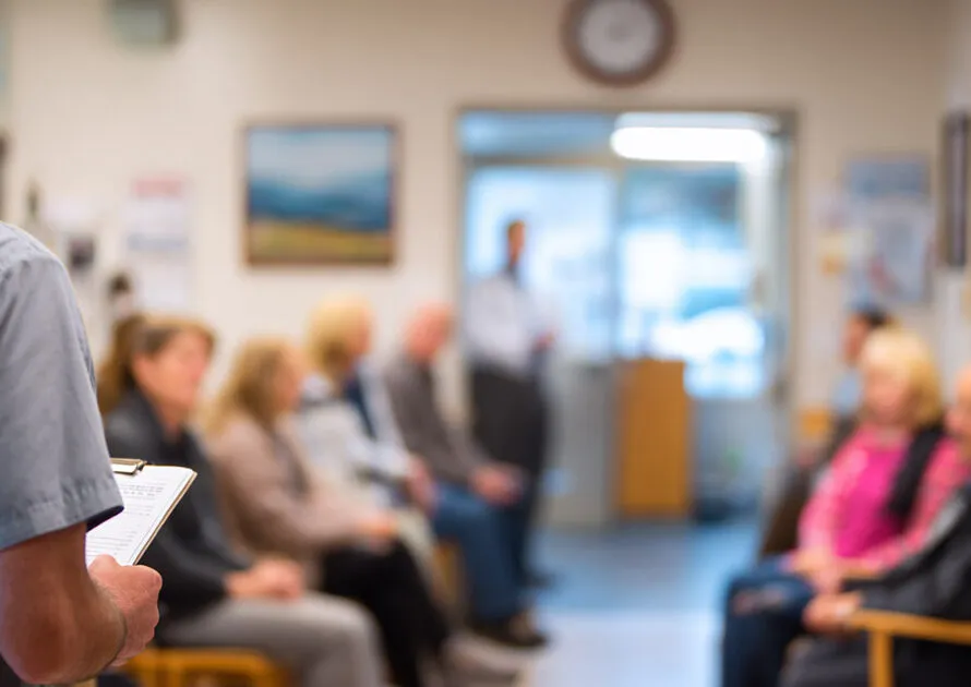 Healthcare worker with clipboard in medical facility waiting room with patients