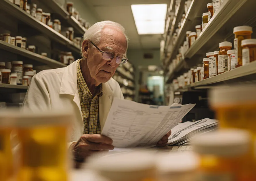 Senior pharmacist reviewing pharmacy reimbursement documents among medication shelves