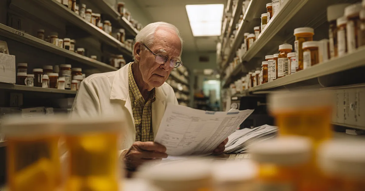 Senior pharmacist reviewing pharmacy reimbursement documents among medication shelves