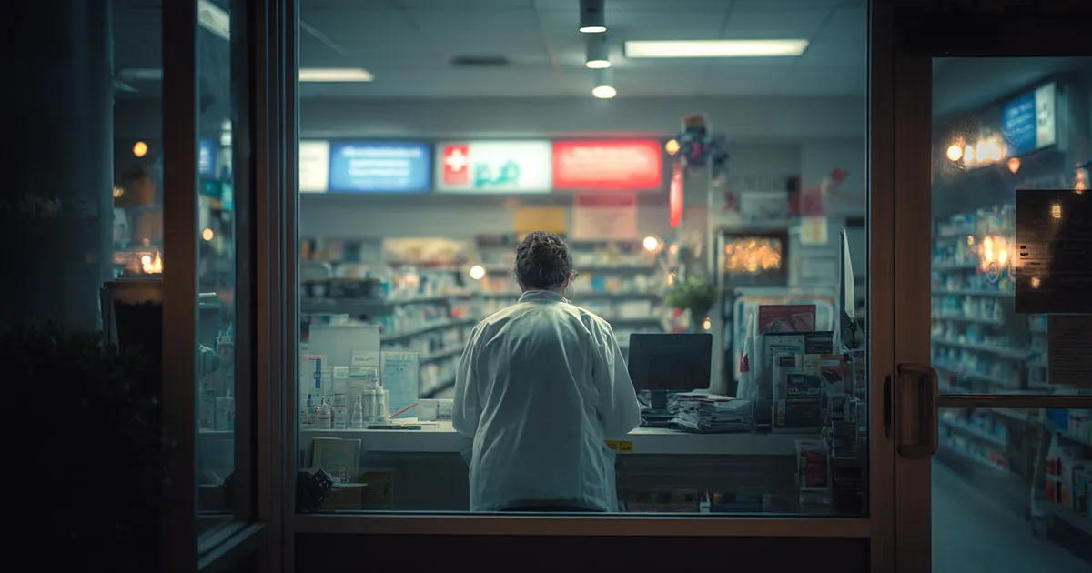 Evening view of pharmacist handling reimbursement at lit pharmacy counter