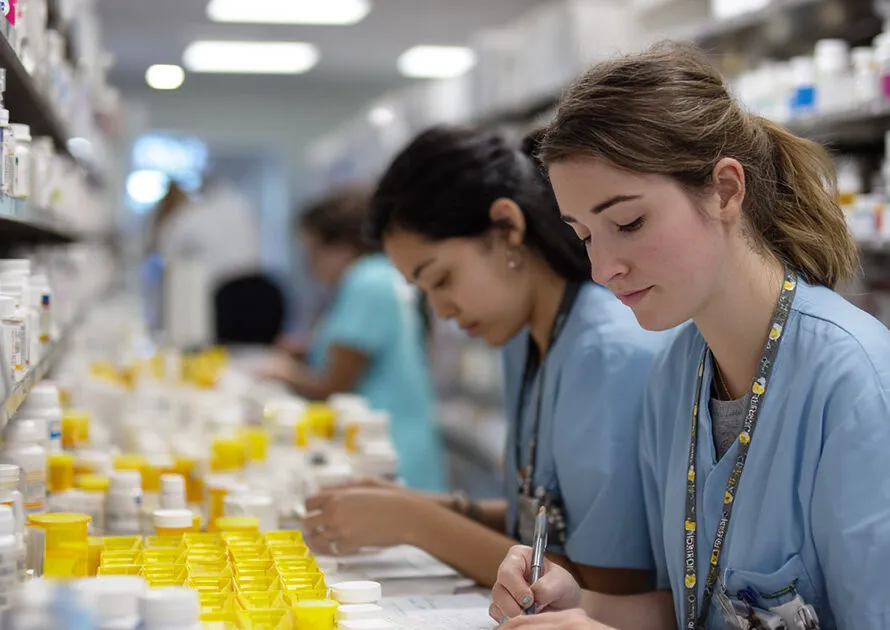 Pharmacy technicians processing prescriptions at a large hospital pharmacy