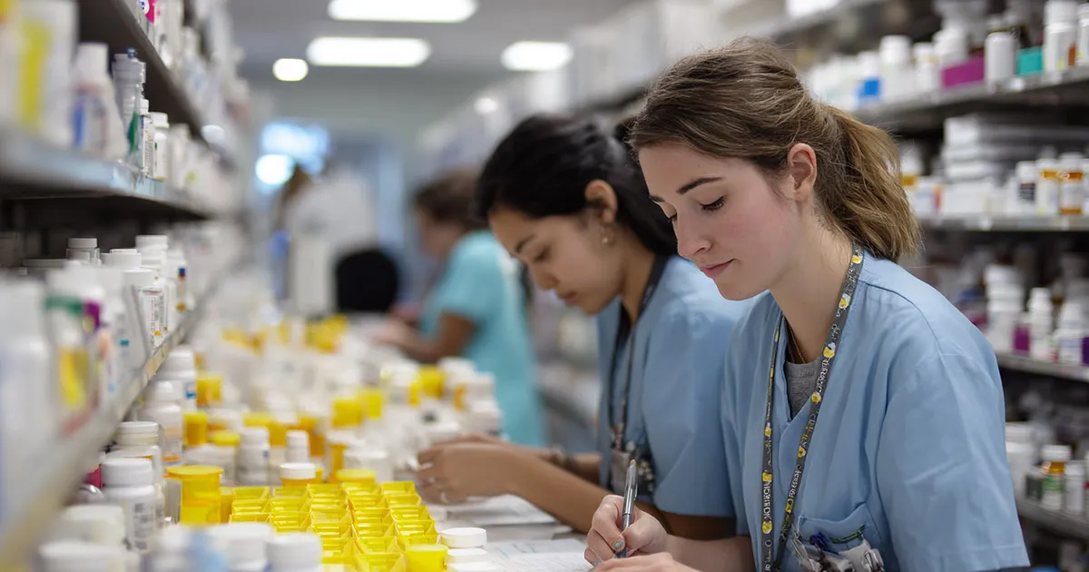 Pharmacy technicians processing prescriptions at a large hospital pharmacy