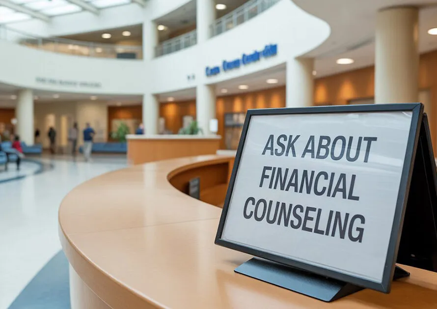 Financial counseling sign for lung cancer grants on desk in hospital lobby