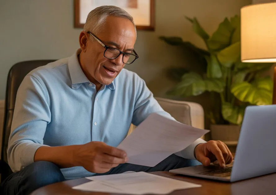 Senior man researching colon cancer grants online at home