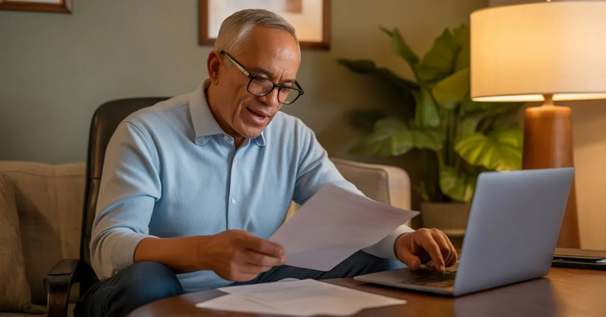 Senior man researching colon cancer grants online at home