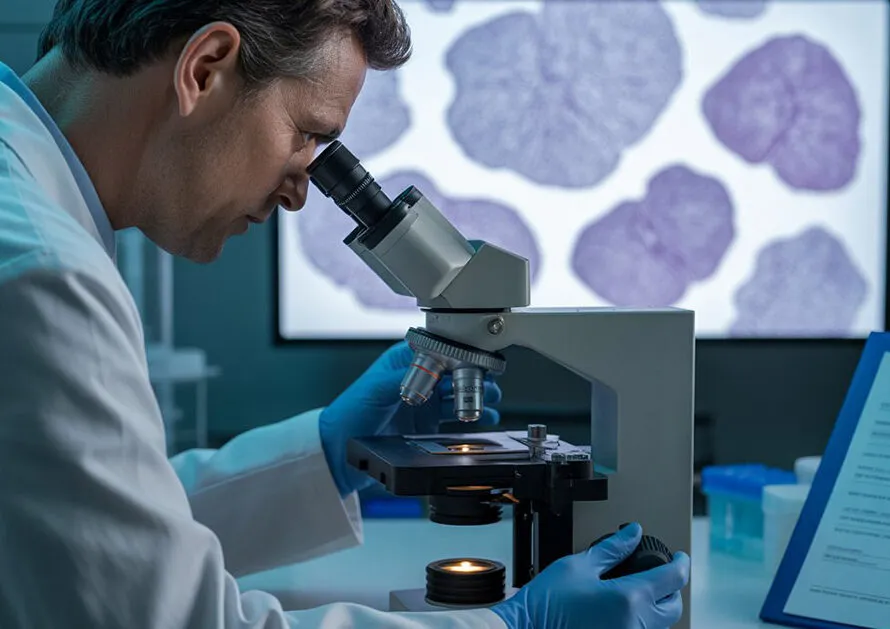 Laboratory researcher studying lung cancer samples under microscope
