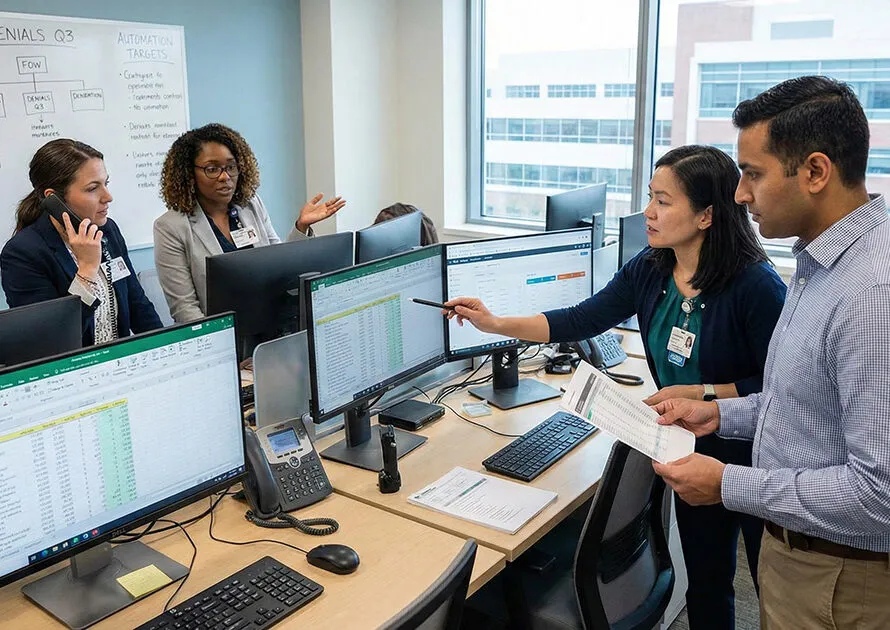 Office staff reviewing spreadsheets and notes related to healthcare revenue cycle optimization.