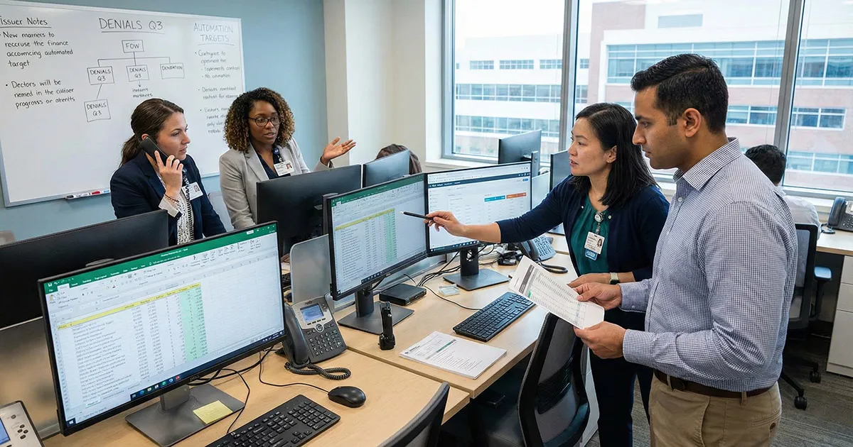Office staff reviewing spreadsheets and notes related to healthcare revenue cycle optimization.