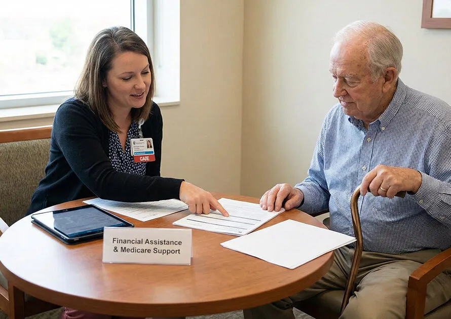 A patient financial advocate providing medicare bad debt support and financial assistance to an elderly patient.