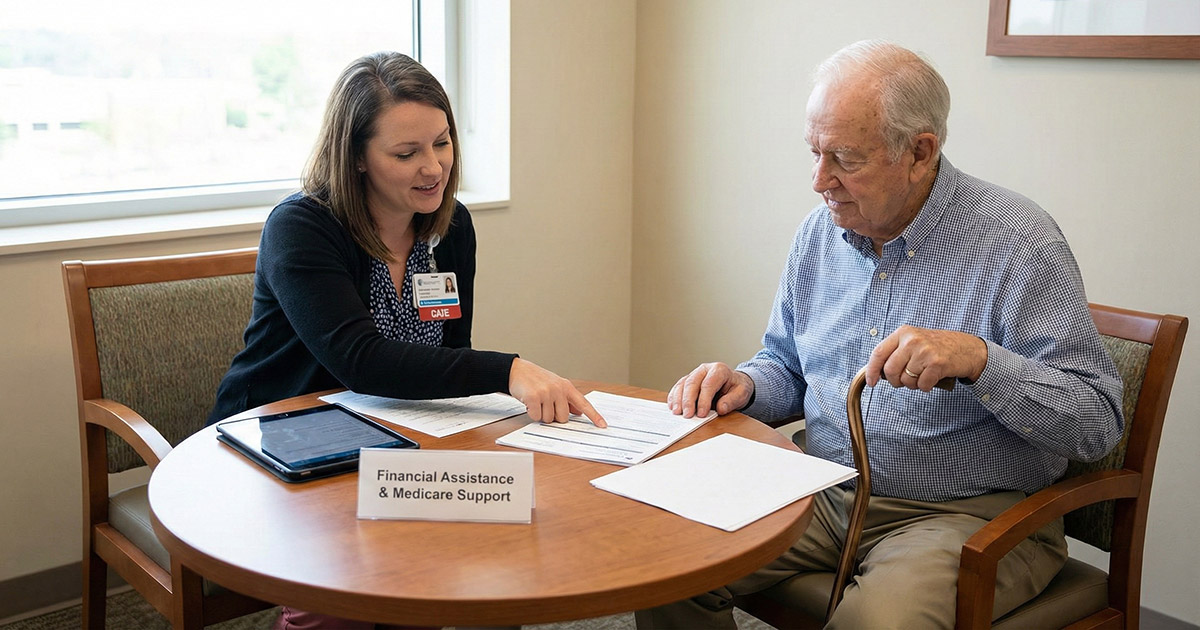 A patient financial advocate providing medicare bad debt support and financial assistance to an elderly patient.