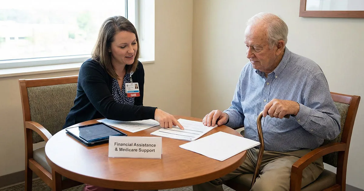 A patient financial advocate providing medicare bad debt support and financial assistance to an elderly patient.