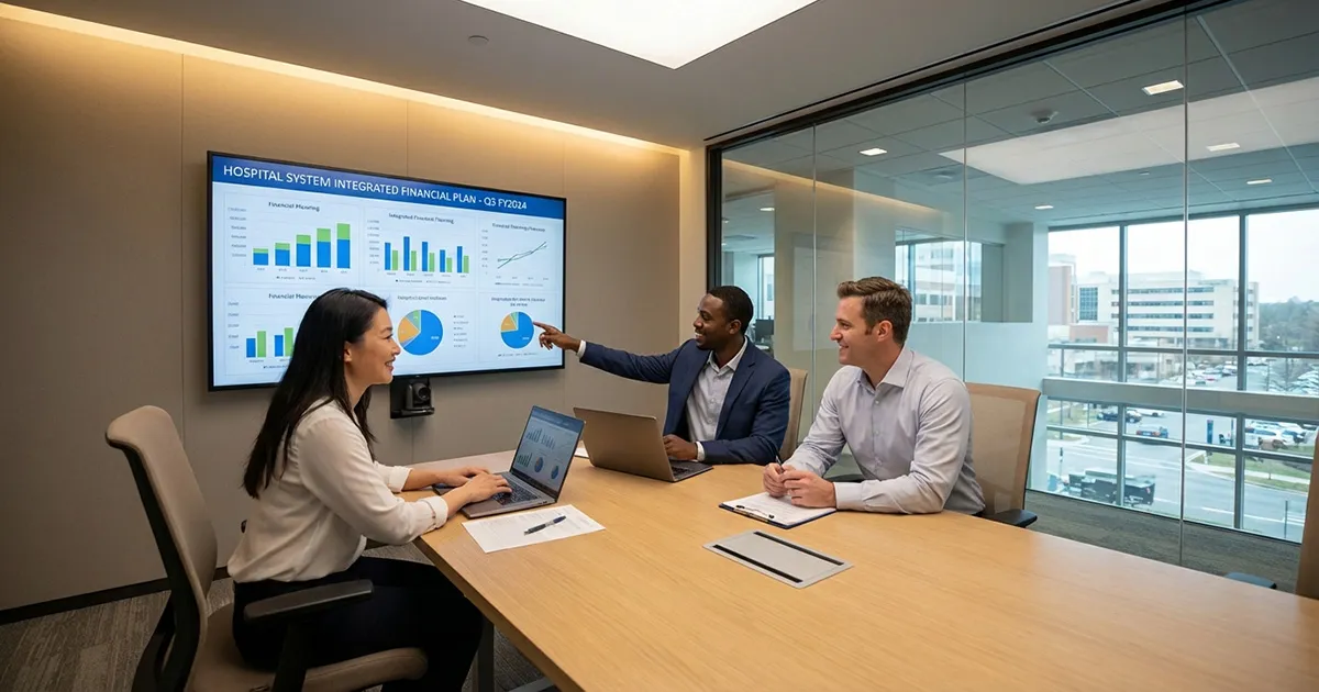 Revenue cycle team collaborating on medicare bad debt reduction strategy in hospital boardroom