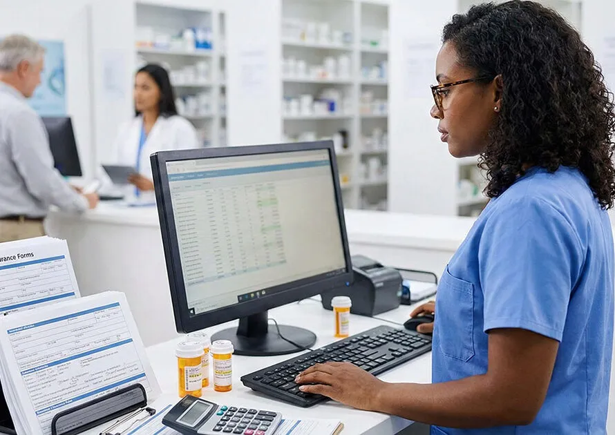 Healthcare worker processing pharmacy revenue cycle claims at community pharmacy