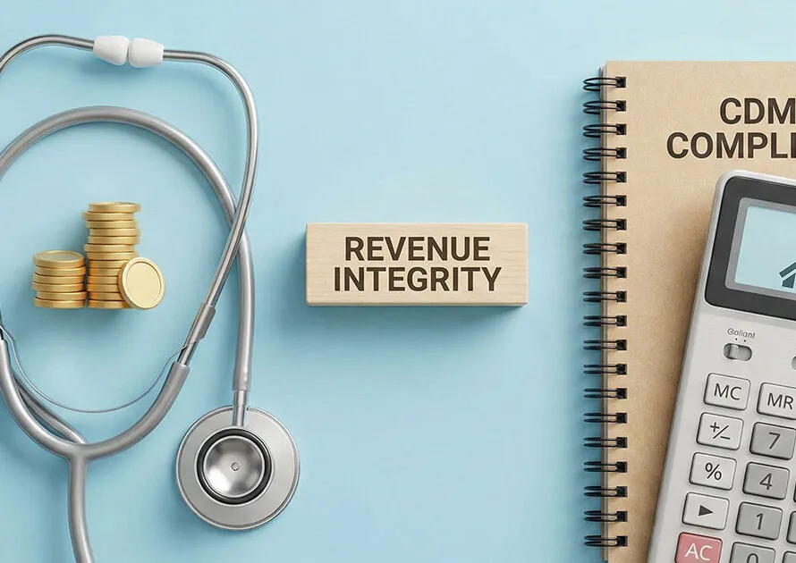 Stethoscope, gold coins, and calculator representing revenue integrity in healthcare
