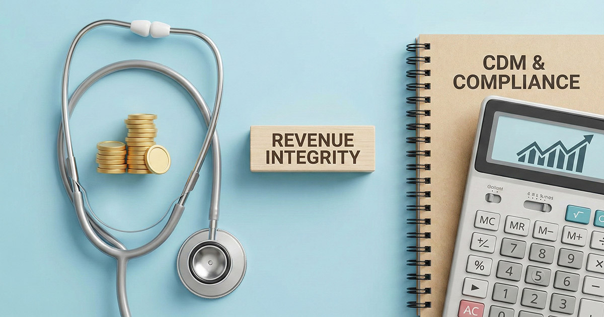 Stethoscope, gold coins, and calculator representing revenue integrity in healthcare