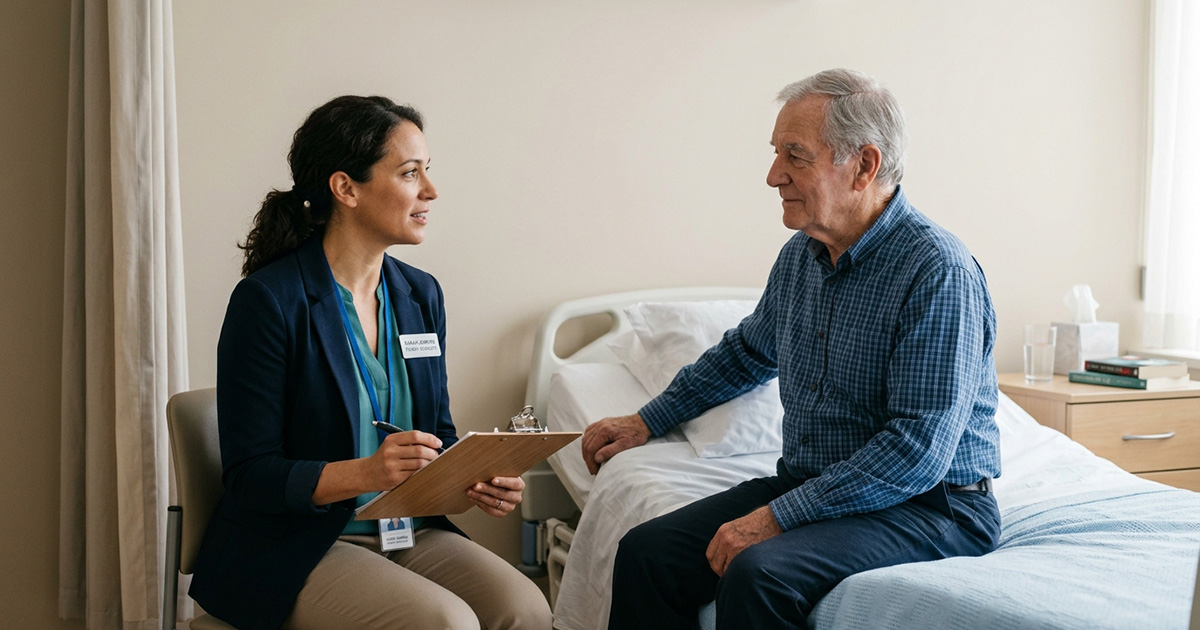 Patient advocate discussing cancer grants with an elderly patient in a hospital room