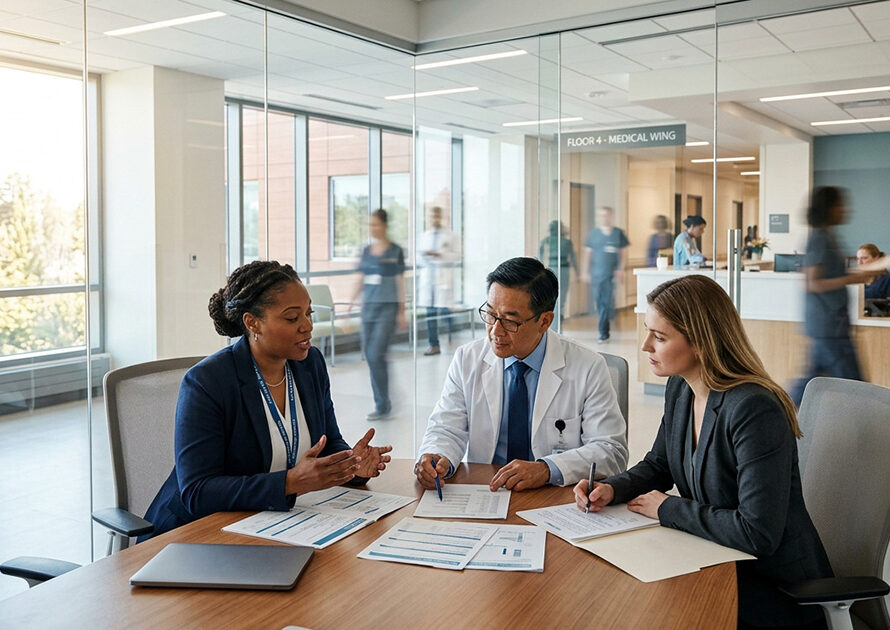 Hospital team reviewing cancer patient grant and financial assistance options