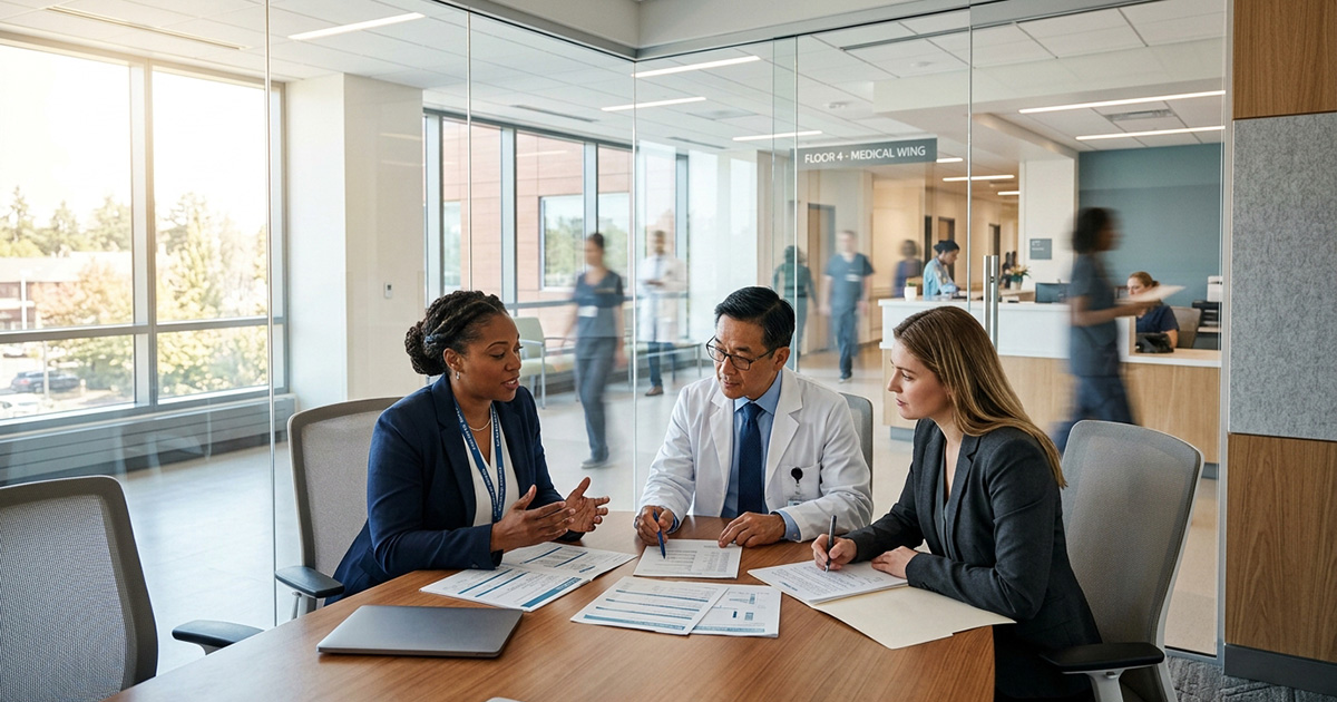 Hospital team reviewing cancer patient grant and financial assistance options