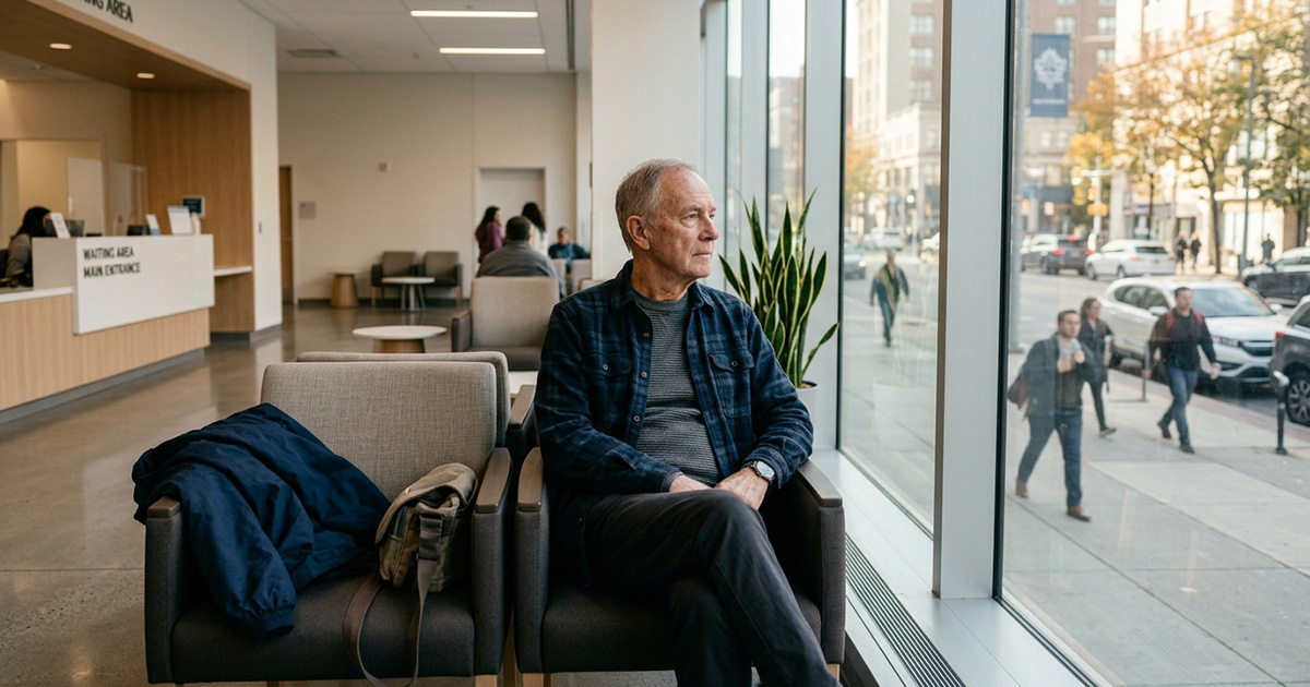 Elderly cancer patient waiting in hospital lobby, facing financial uncertainty in 2026