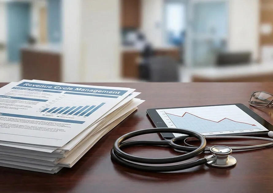 Financial reports and medical equipment on a desk, representing healthcare revenue integrity.