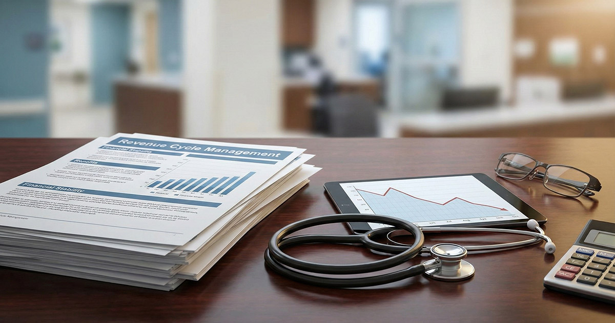 Financial reports and medical equipment on a desk, representing healthcare revenue integrity.