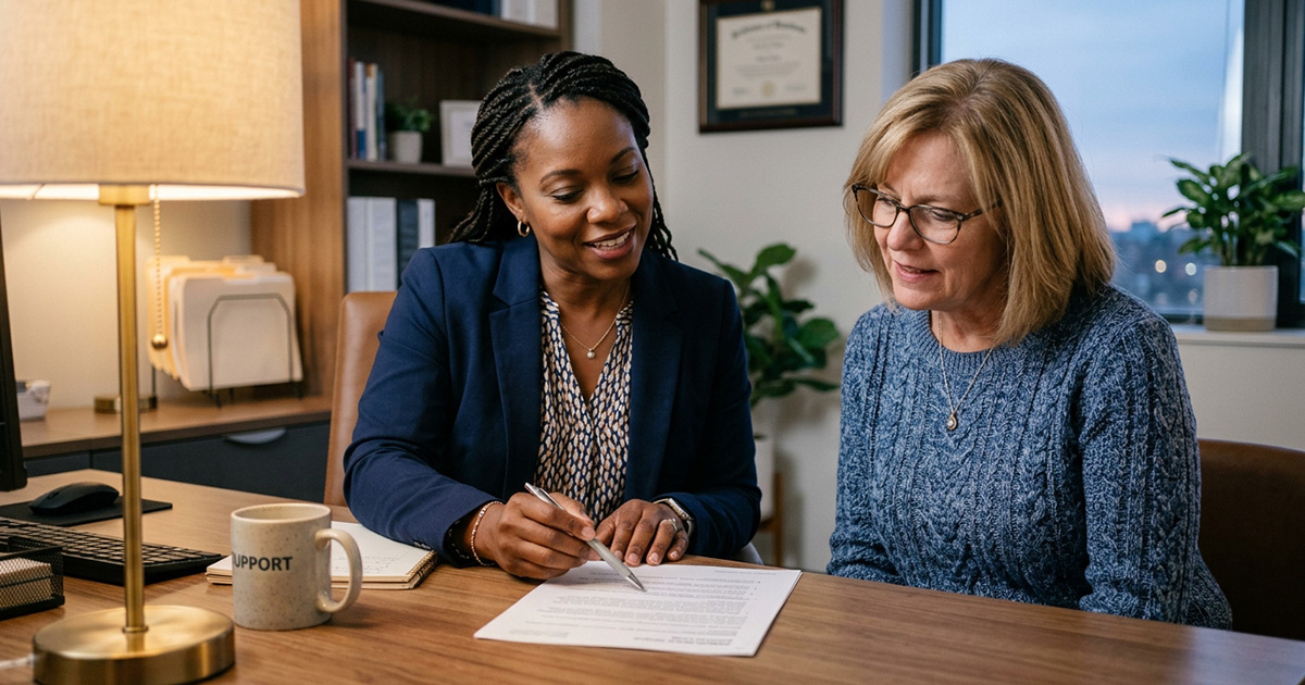 Patient advocate reviewing financial assistance paperwork with a hospital patient