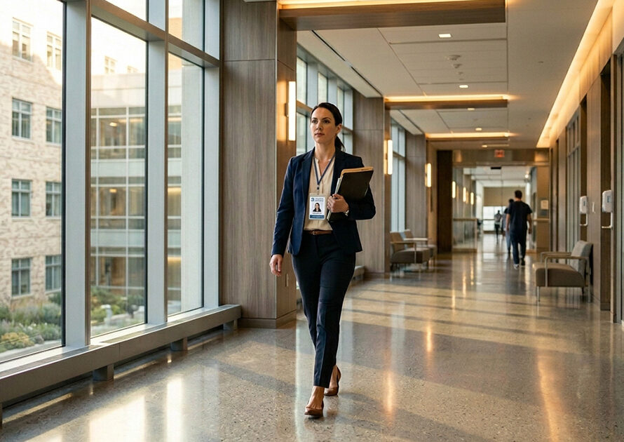 Patient financial advocate walking through a modern hospital corridor