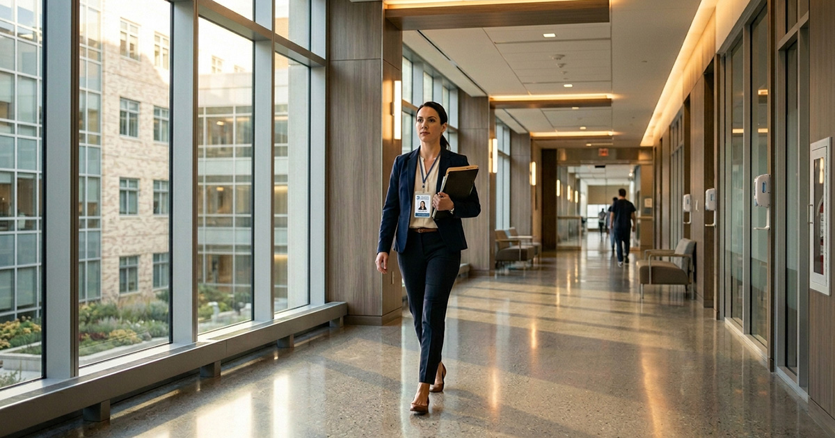 Patient financial advocate walking through a modern hospital corridor