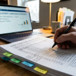 Hospital administrator auditing revenue cycle management reports and compliance data