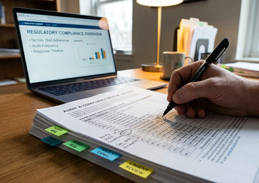 Hospital administrator auditing revenue cycle management reports and compliance data