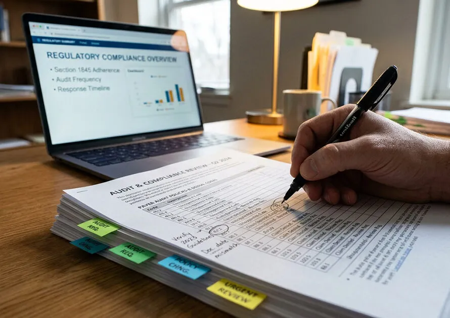 Hospital administrator auditing revenue cycle management reports and compliance data