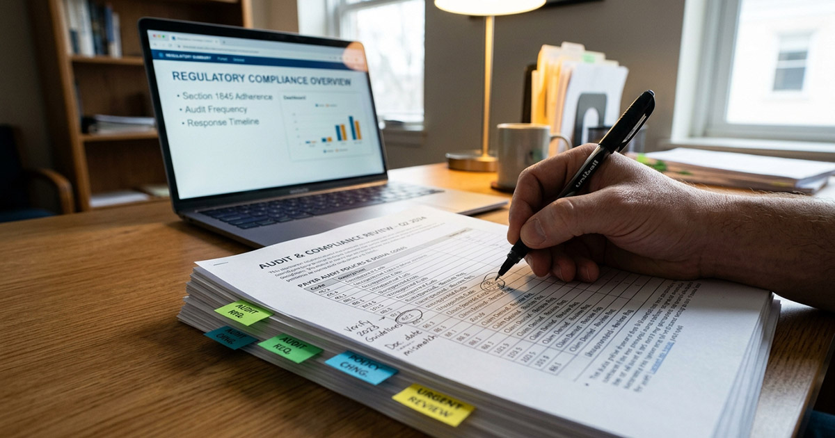 Hospital administrator auditing revenue cycle management reports and compliance data