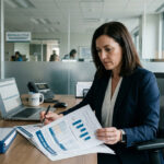 Healthcare revenue recovery specialist analyzing billing data in a revenue cycle office