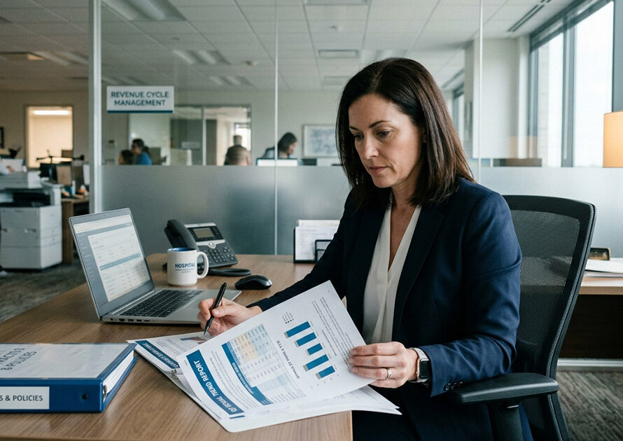 Healthcare revenue recovery specialist analyzing billing data in a revenue cycle office